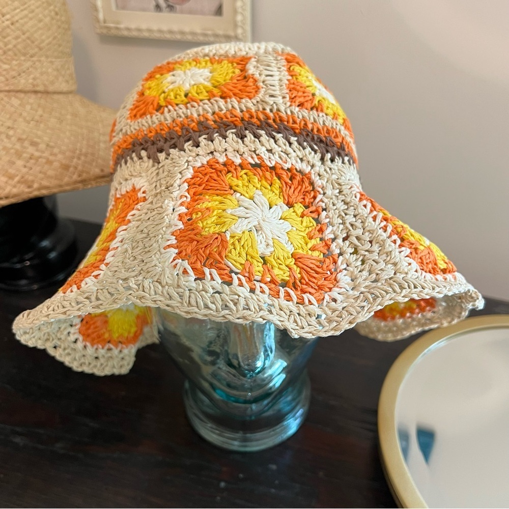 NEW Steve Madden Granny Square Crochet Straw Hat Orange One Size